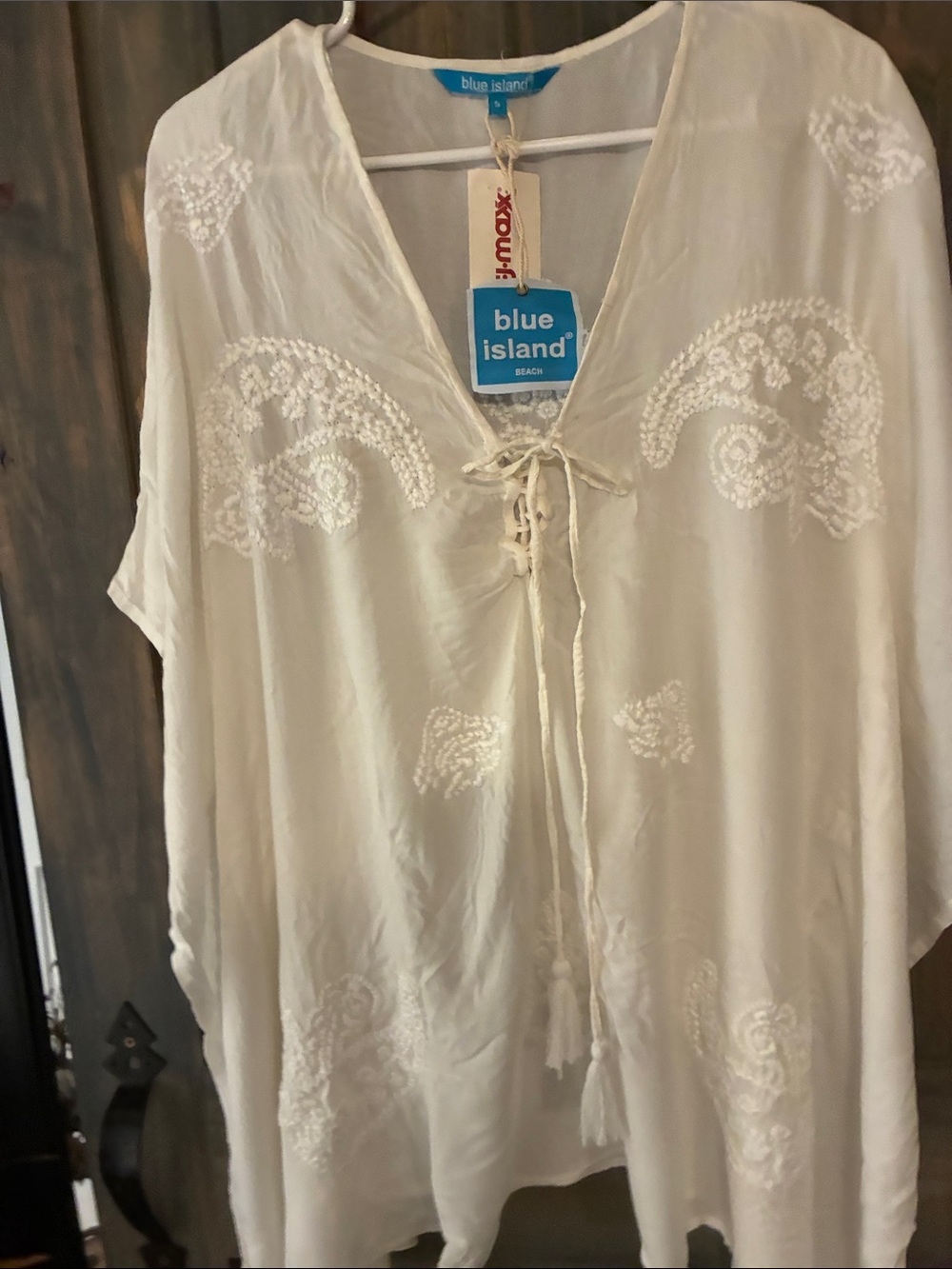 blue island Cream Embroidered Tie-Front V-Neck Tunic